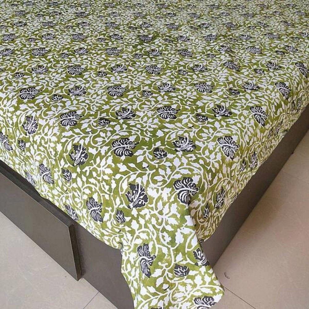 Aartyz Green Hand Block Printed Cotton Bed Spreadsheet | 60x90 Inch