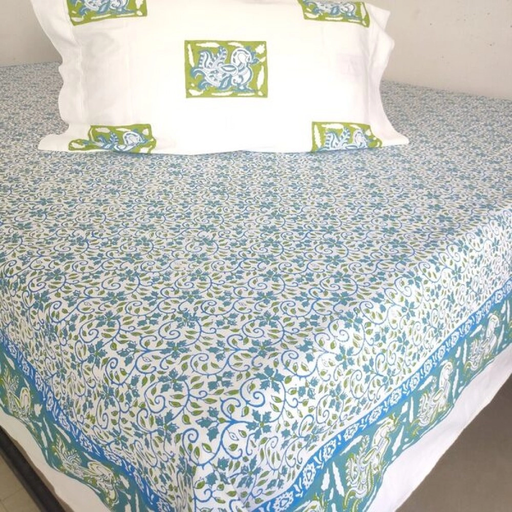 Aartyz Blue Green Floral Kalamkari Cotton Bedsheet | Double Bed Sheet