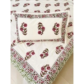 Aartyz Pink Green Floral Kalamkari Cotton Bedsheet | Double Bed Sheet