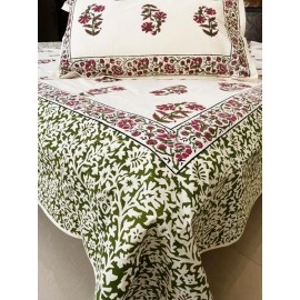 Aartyz Pink Green Floral Kalamkari Cotton Bedsheet | Single Bed Sheet