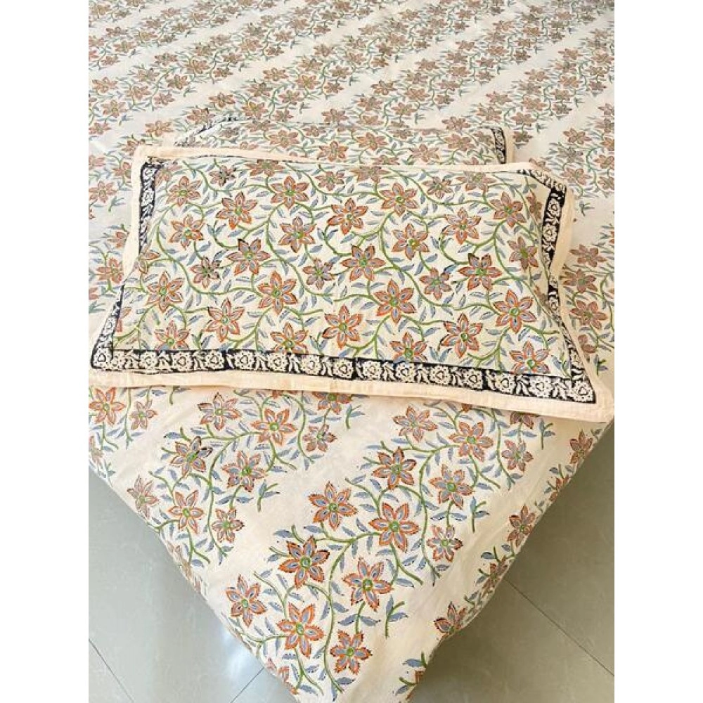 Aartyz Light Orange Hand Block Printed Cotton Bed Spreadsheet | 60x90 Inch
