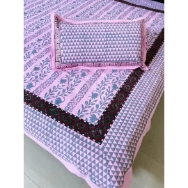 Aartyz Pink Cotton Bedsheet With Mughal Butta & Temple Border | Double Bed Sheet