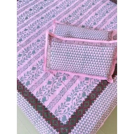 Aartyz Pink Cotton Bed Spreadsheet With Mughal Butta & Temple Border | 60x90 Inch