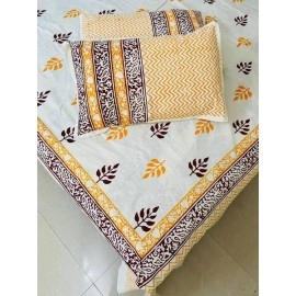Aartyz White Cotton Bed Sheet With Orange & Maroon Leaf Print | Double Bed Sheet