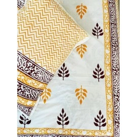 Aartyz White Cotton Bed Sheet With Orange & Maroon Leaf Print | Double Bed Sheet