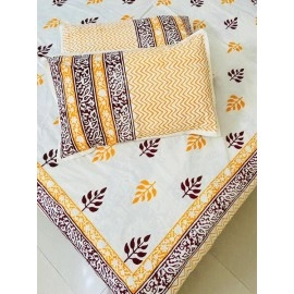Aartyz White Cotton Bed Spreadsheet With Orange & Maroon Leaf Print | 100 x 100 Inch