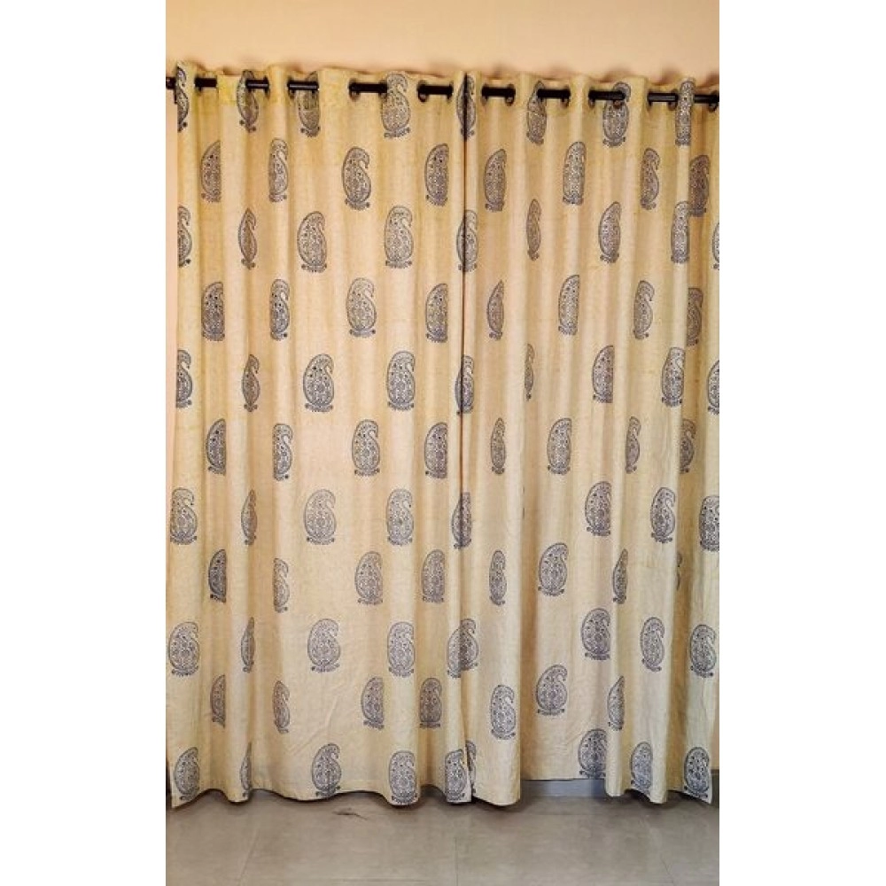 Aartyz Ethnic Cotton Door Curtains Blue Print | Cream