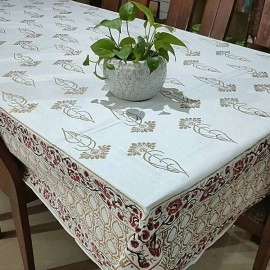 Aartyz Rectangular Cotton Dining Table Cover In Floral Motifs | White