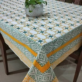 Aartyz Cotton Dining Table Cover With Colourful Block Print | White