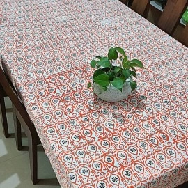 Aartyz Rectangular Cotton Dining Table Cover In Block Printed | White