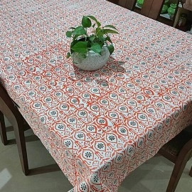 Aartyz Rectangular Cotton Dining Table Cover In Block Printed | White