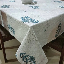 Aartyz Rectangular Cotton Dining Table Cover With Floral Motifs | Grey And Sky Blue Print