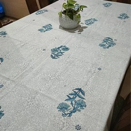 Aartyz Rectangular Cotton Dining Table Cover With Floral Motifs | Grey And Sky Blue Print