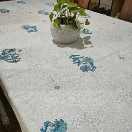 Aartyz Rectangular Cotton Dining Table Cover With Floral Motifs | Grey And Sky Blue Print