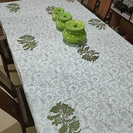 Aartyz Rectangular Cotton Dining Table Cover With Floral Print | Grey And Green