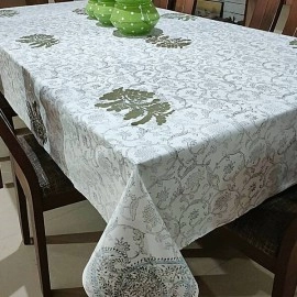Aartyz Rectangular Cotton Dining Table Cover With Floral Print | Grey And Green