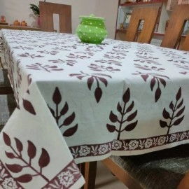 Aartyz Rectangular Cotton Dining Table Cover In Maroon Leaf Print