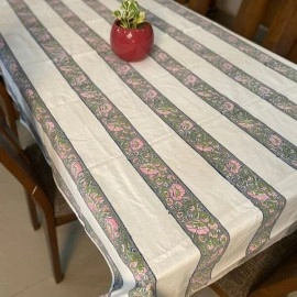 Aartyz Cotton Dining Table Cover With Vertical Floral Rows | Gray, Pink