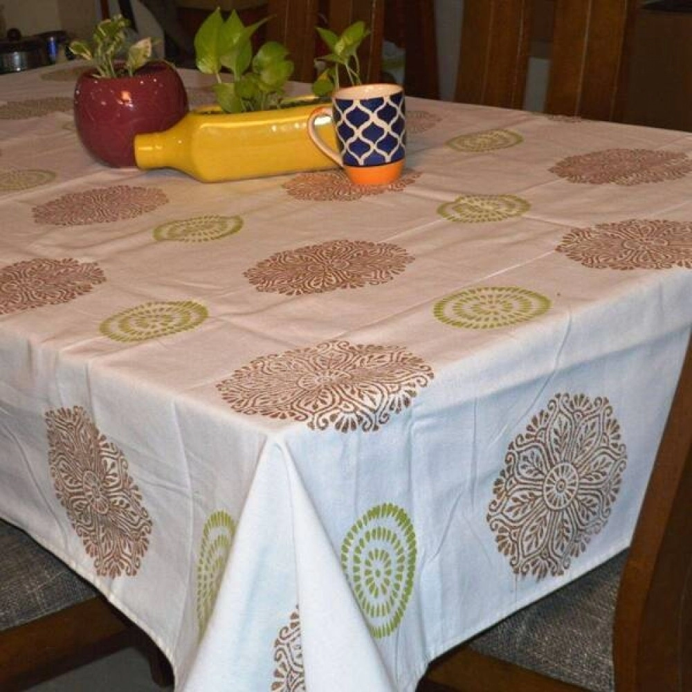 Aartyz Cotton Dining Table Cover In Golden Circle Block Print