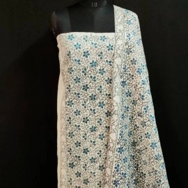 Aartyz Chanderi Silk Hand Block Printed Dress Material | Grey And Blue