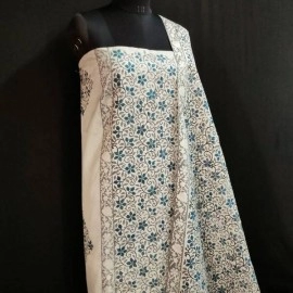 Aartyz Chanderi Silk Hand Block Printed Dress Material | Grey And Blue