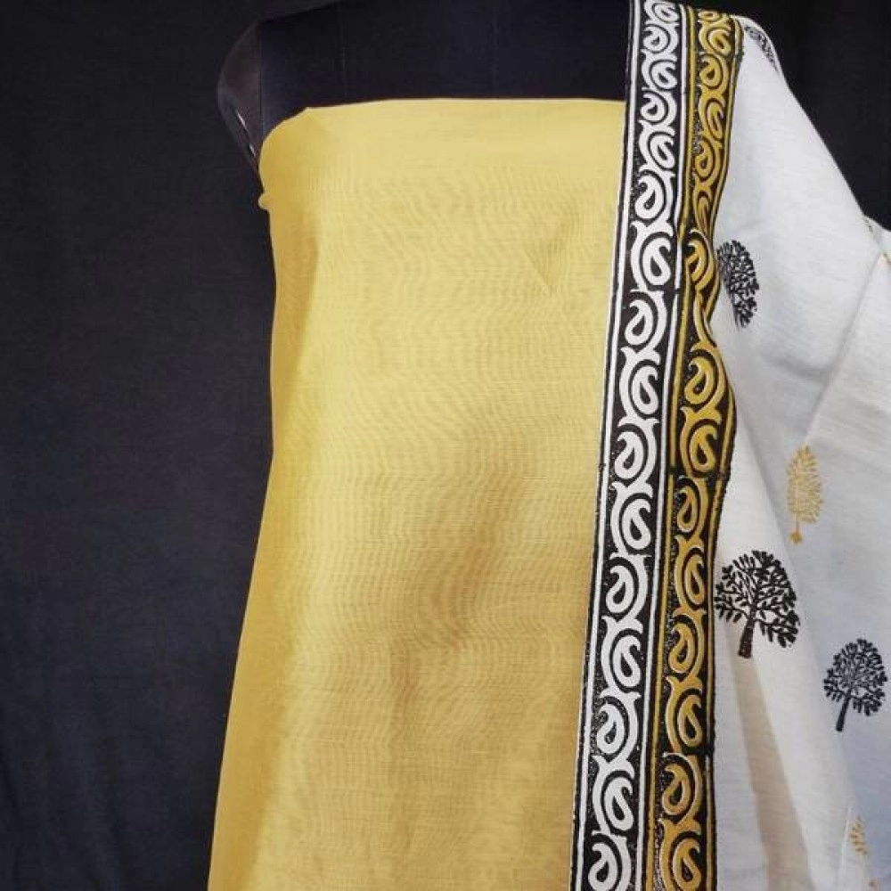 Aartyz Golden Yellow Kurti Fabric With Block Printed Silk Dupatta