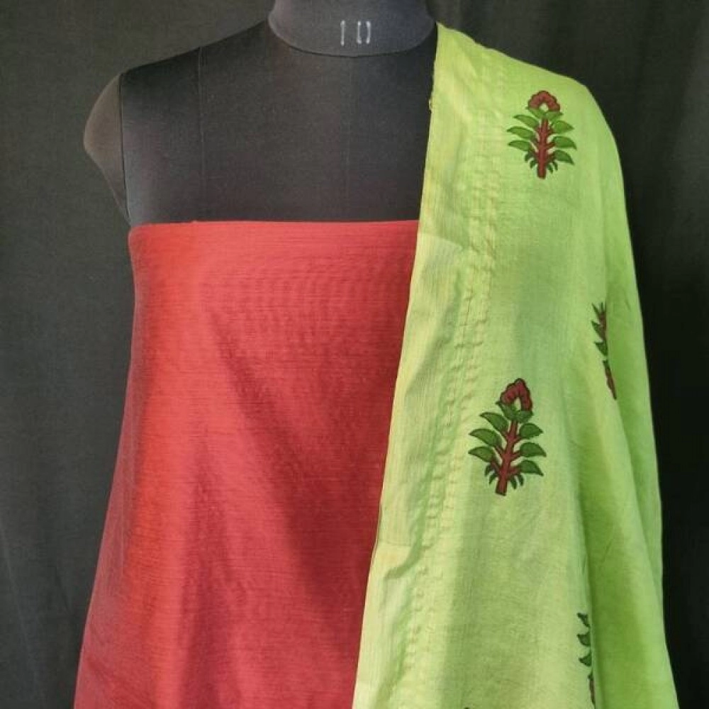 Aartyz Red Kurti Fabric With Block Printed Parrot Green Silk Dupatta