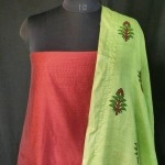 Aartyz Red Kurti Fabric With Block Printed Parrot Green Silk Dupatta