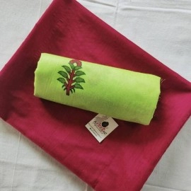 Aartyz Red Kurti Fabric With Block Printed Parrot Green Silk Dupatta