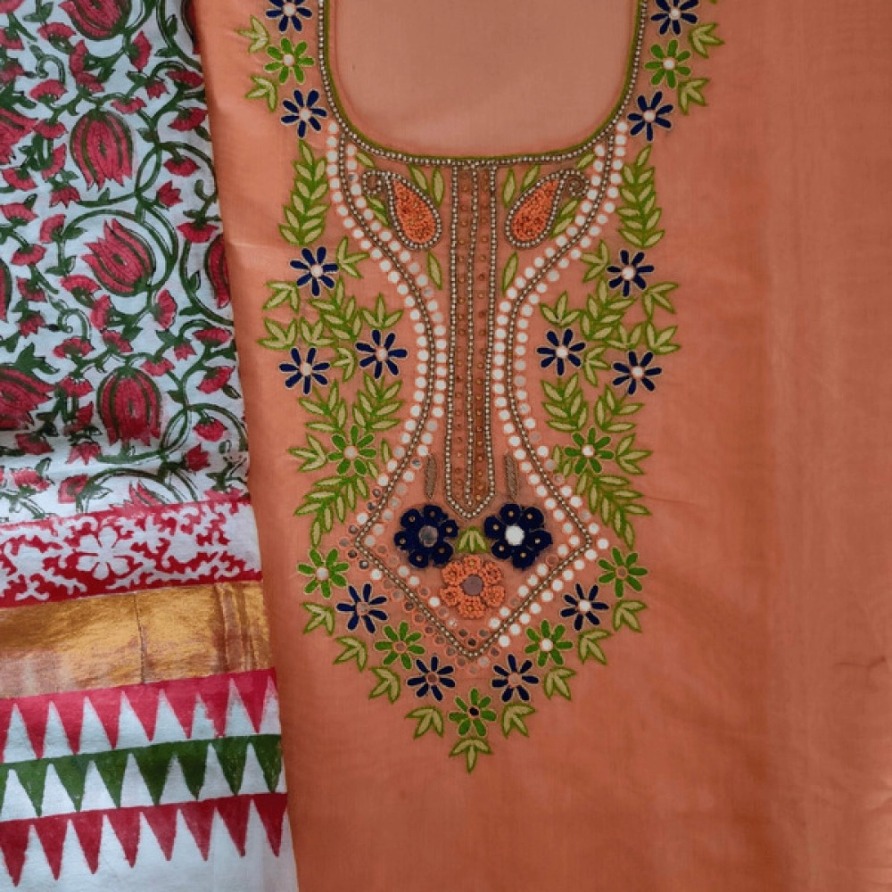 Aartyz Peach Kurti Fabric With Embroidery