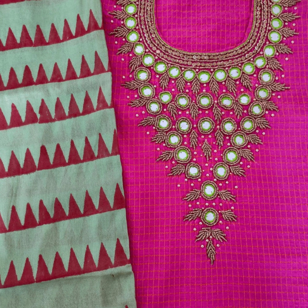 Aartyz Pink Kurti Fabric With Hand Block Printed Dupatta