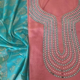 Aartyz Peach Kurti Fabric With Hand Embroidery