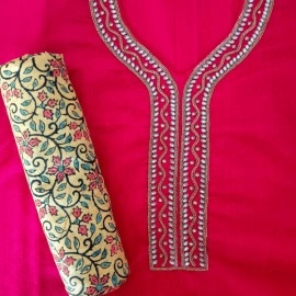 Aartyz Pink Embroidered Dress Material With Floral Block Printed Dupatta