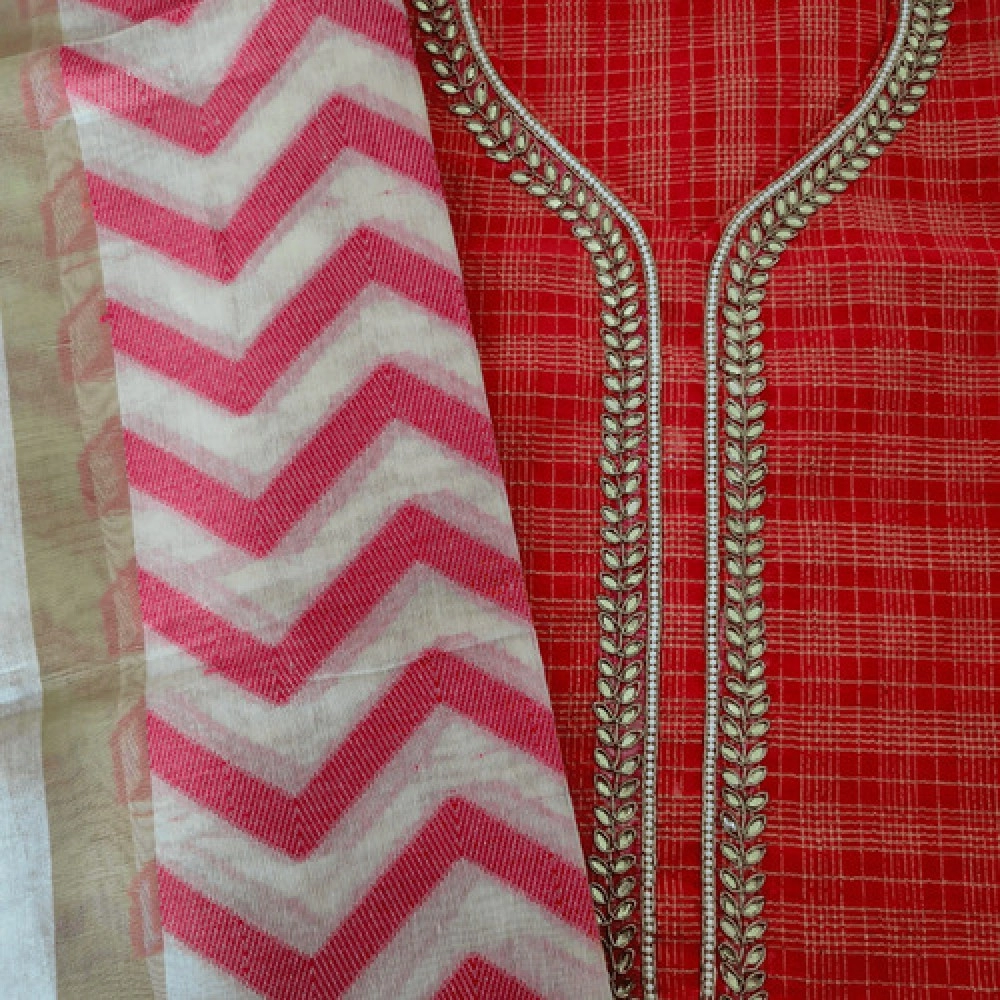 Aartyz Red Silk Kurti Fabric With Chanderi Dupatta