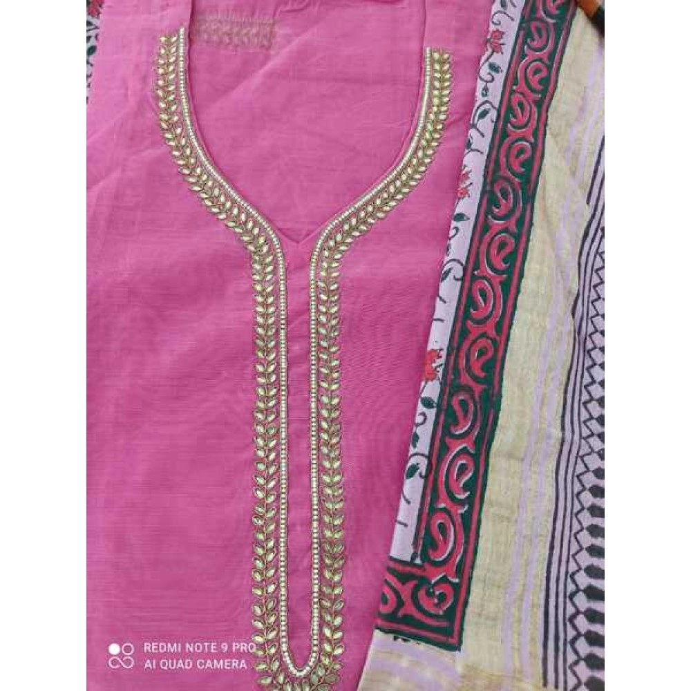 Aartyz Pink Kurti Fabric With Hand Block Printed Dupatta