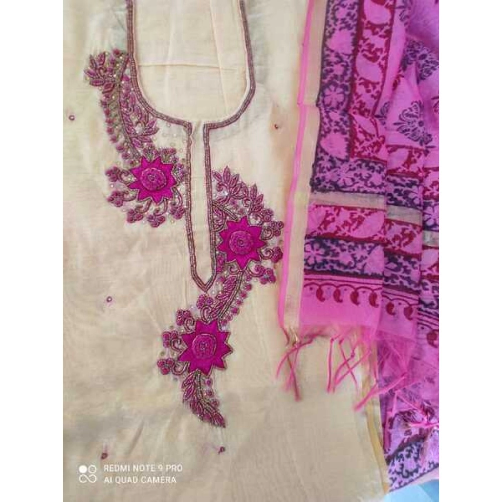 Aartyz Cream & Pink Designer Kurti Fabric With Dupatta