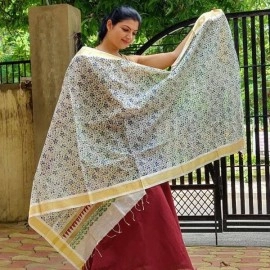 Aartyz Off-White and Golden Border Silk Dupatta