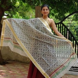 Aartyz Off-White and Golden Border Silk Dupatta