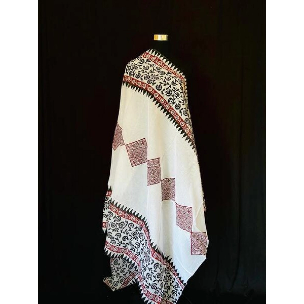 Aartyz Soft Cotton Ethnic Block Printed White Dupatta