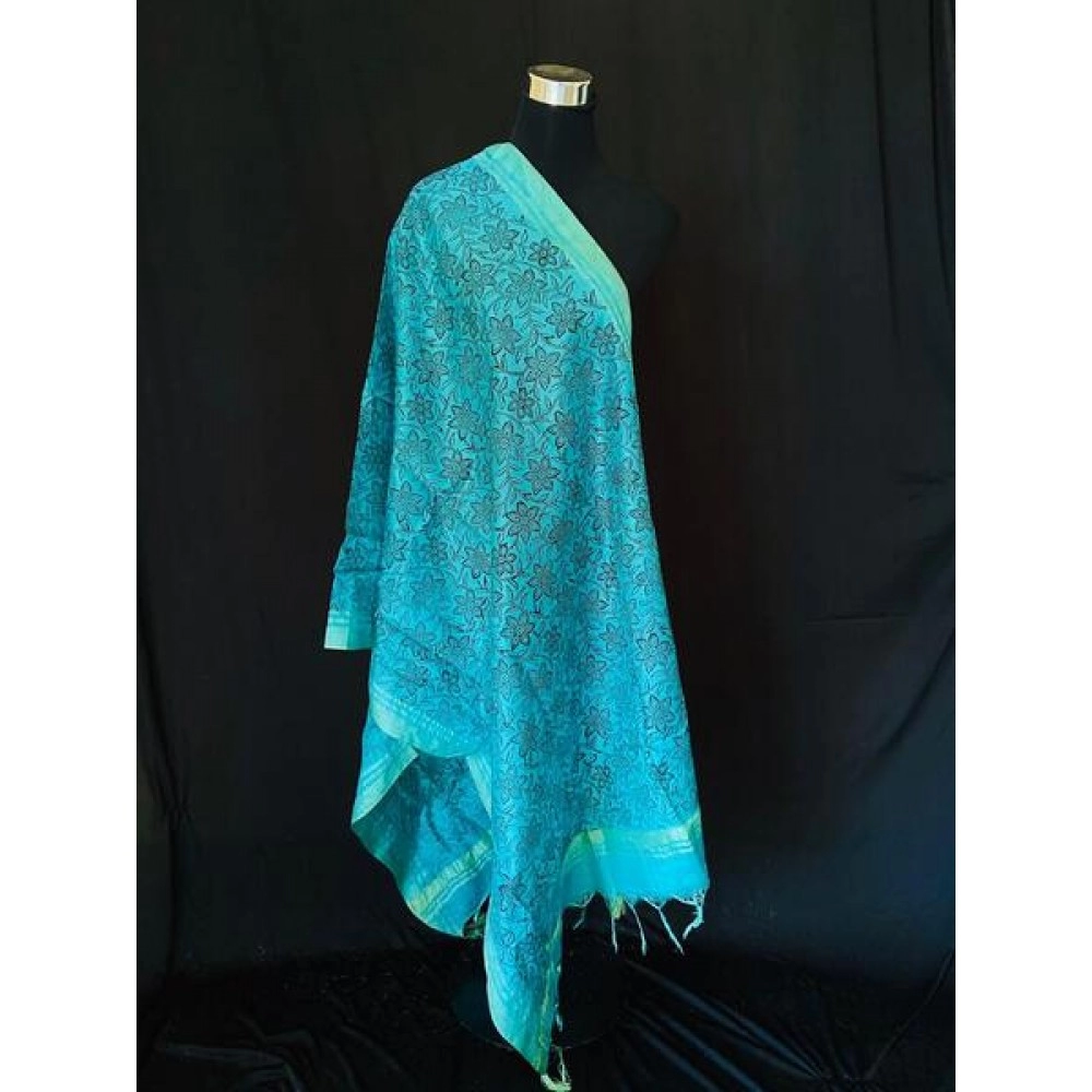 Aartyz Blue Floral Printed Silk Dupatta