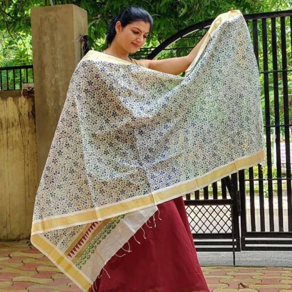 Aartyz White and Blue Chanderi Dupatta