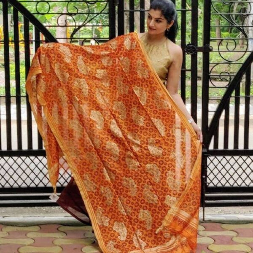 Aartyz Orange and Golden Paisley Silk Dupatta