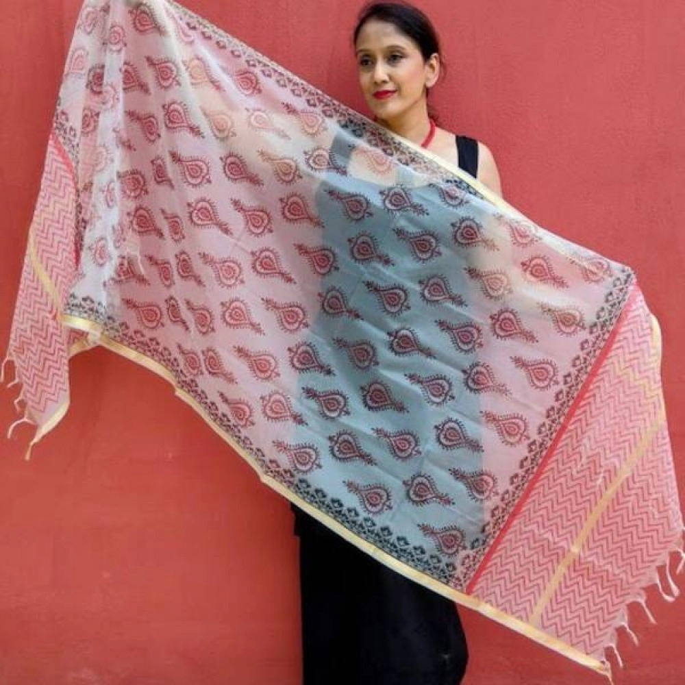 Aartyz White and Red Chanderi Dupatta