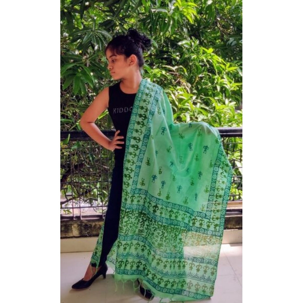 Aartyz Pista Green Warli Print Silk Dupatta