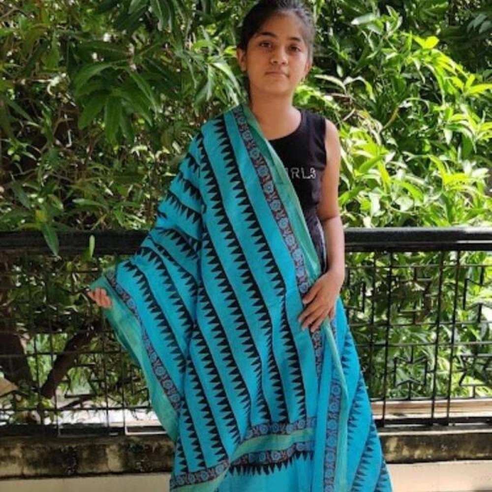 Aartyz Blue Temple Border Silk Dupatta