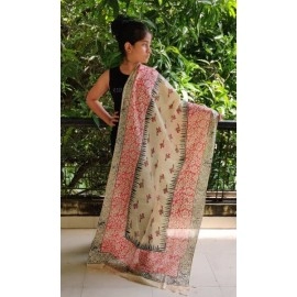 Aartyz Cream Floral Printed Silk Dupatta