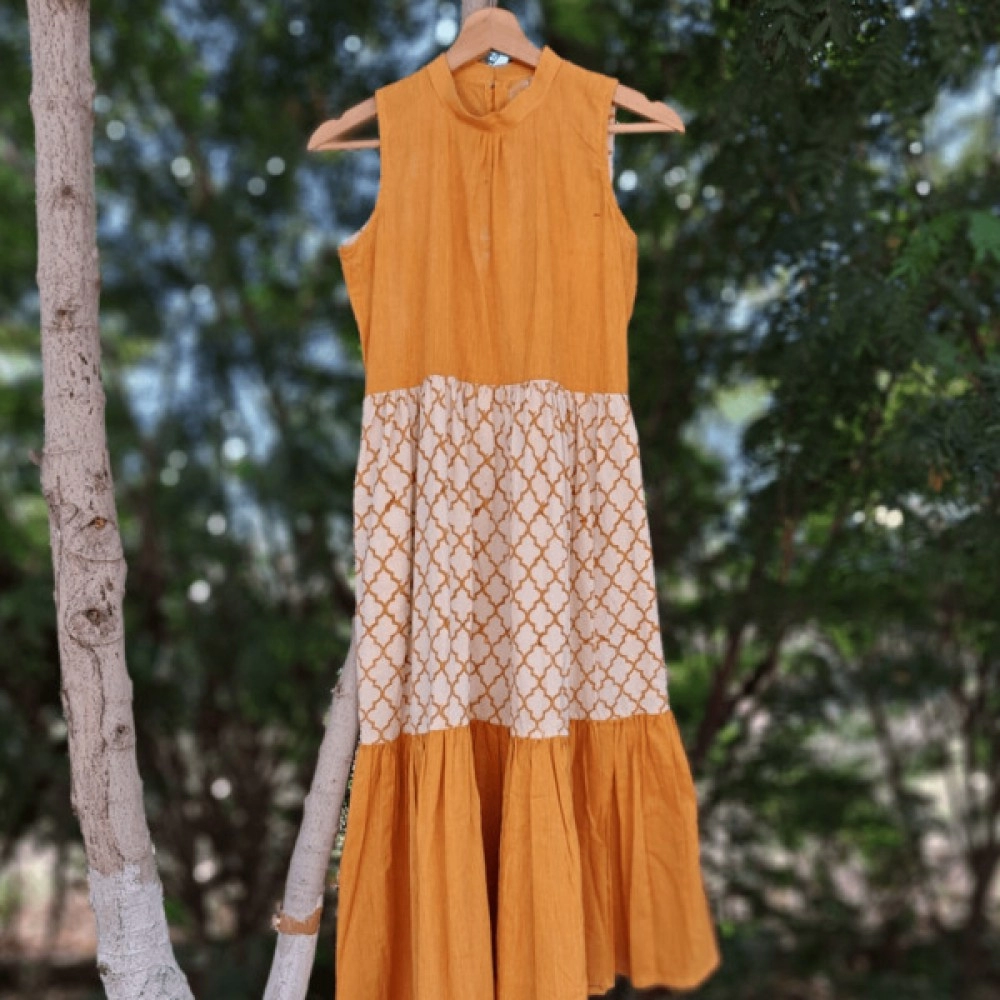 Aartyz White and Yellow Cotton Dress