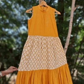 Aartyz White and Yellow Cotton Dress