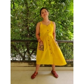 Aartyz Bright Yellow Thin Strap Cotton Dress