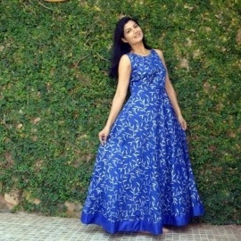 Aartyz Blue Hand Block Printed Evening Gown